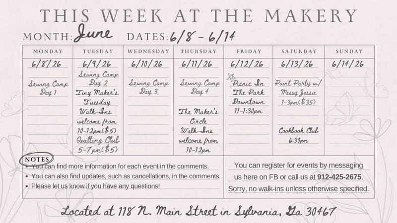 Weekly calendar for The Makery